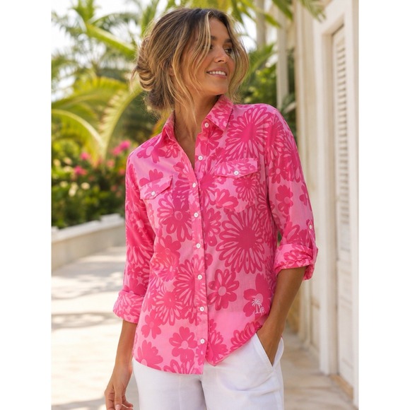 Lilly Pulitzer Tops - Lilly Pulitzer  Pink Shirt Resort Fit Button Up Floral Sheer Beach Sz XL